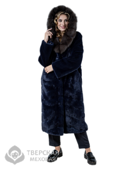Норковая шуба «Магнолия» капюшон куница темно-синий 115-120