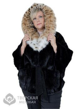 Норковая шуба "Пончо" капюшон рысь черный 80