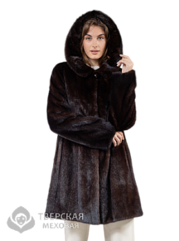 Норковая шуба "Балетка" капюшон махагон